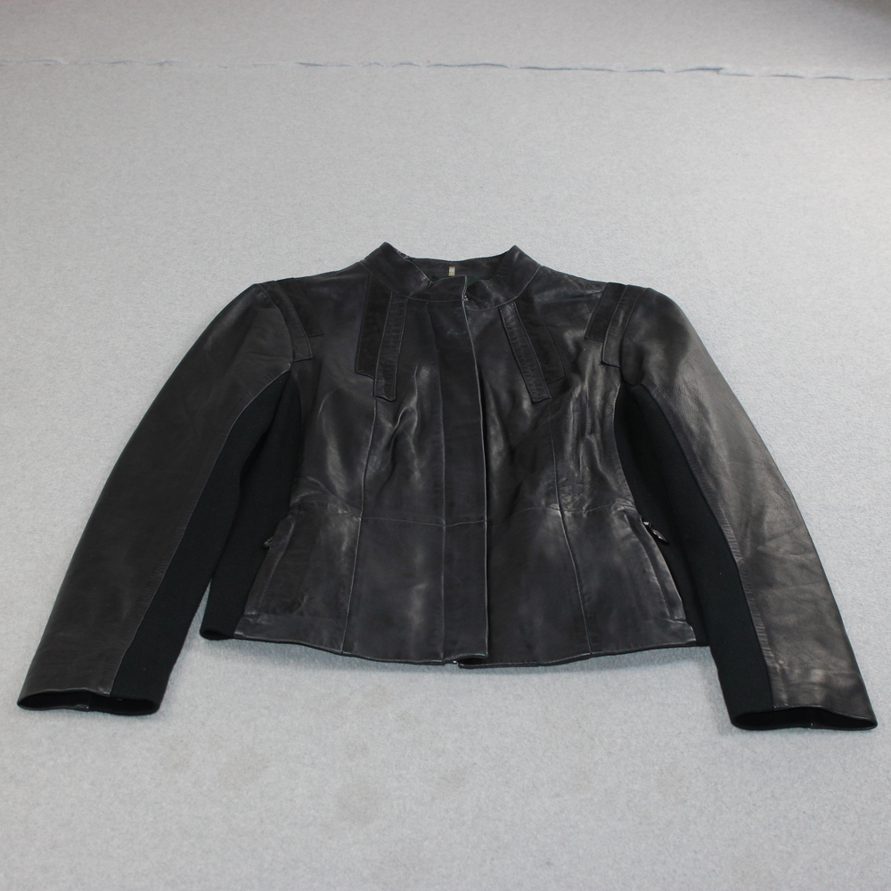 Elie Tahari Lamb Leather Jacket Women L Black Knit Trim Moto Full Zip Collarless